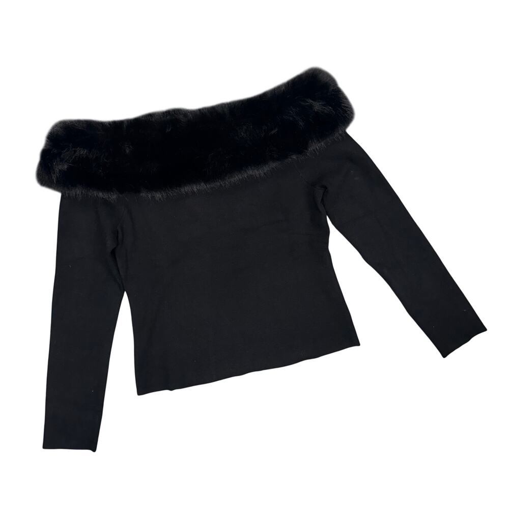 bar III Off Shoulder Faux Fur Lined Collar Black Knit Top Sweater Large